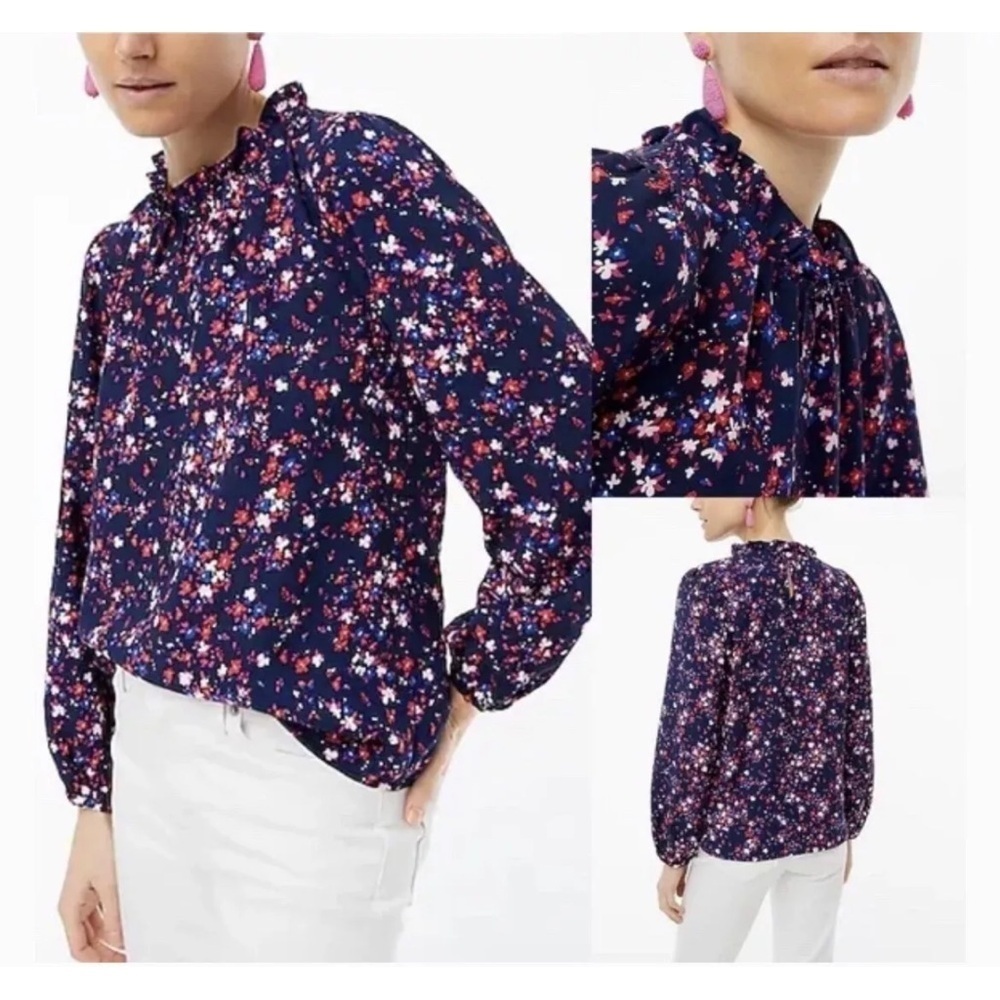 J Crew Ruffle Neck Blouse Women XXSmall Floral Navy Long Balloon Sleeves BF825